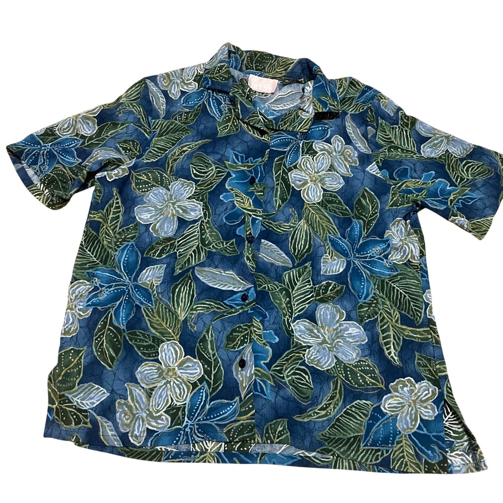 Vintage Swann Hawaiian Button Down Shirt Blue Green Floral Hibiscus Short Sleeve